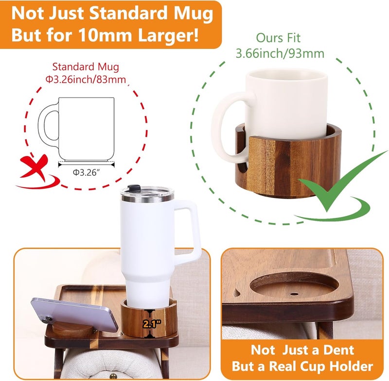 Acanacle Couch Armrest Table Acacia with 360°Rotating Phone & Cup Holders,15.4" x 9.8", 3-in-1 Sofa Arm Tray Clip-On Couch Tray for Drinks & Snacks - Image 2